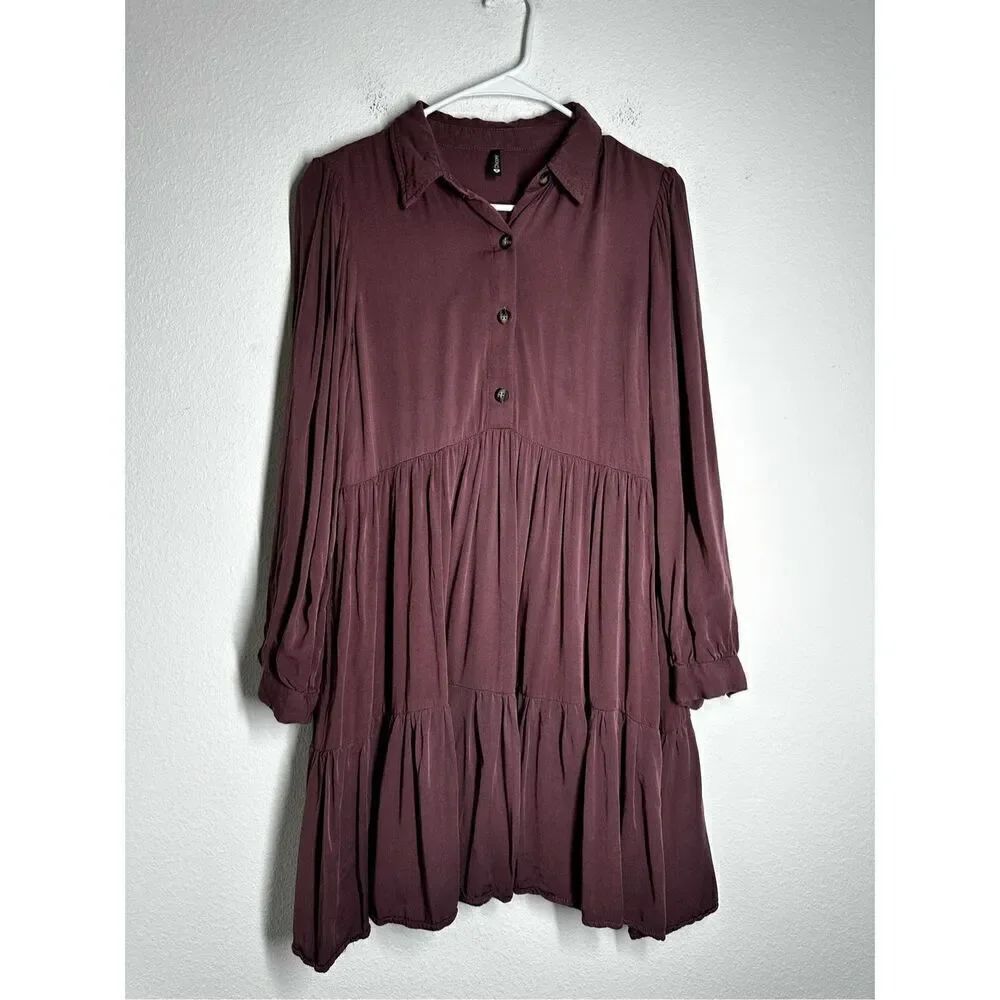 ChicorΓ©e Puff Sleeve Tiered Dress Size M HalfβButtoned Burgundy